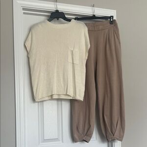 Cream Knit Sleeveless Top and Taupe Relaxed Pants Set